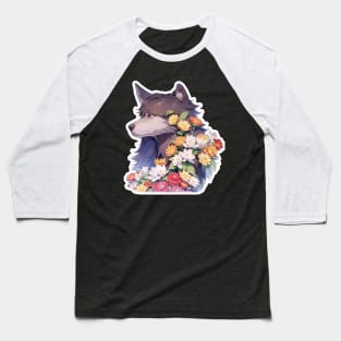 Lone Wolf With Flowers Baseball T-Shirt